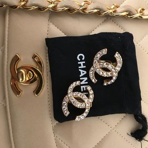 Large CC gold clip on earrings with crystals